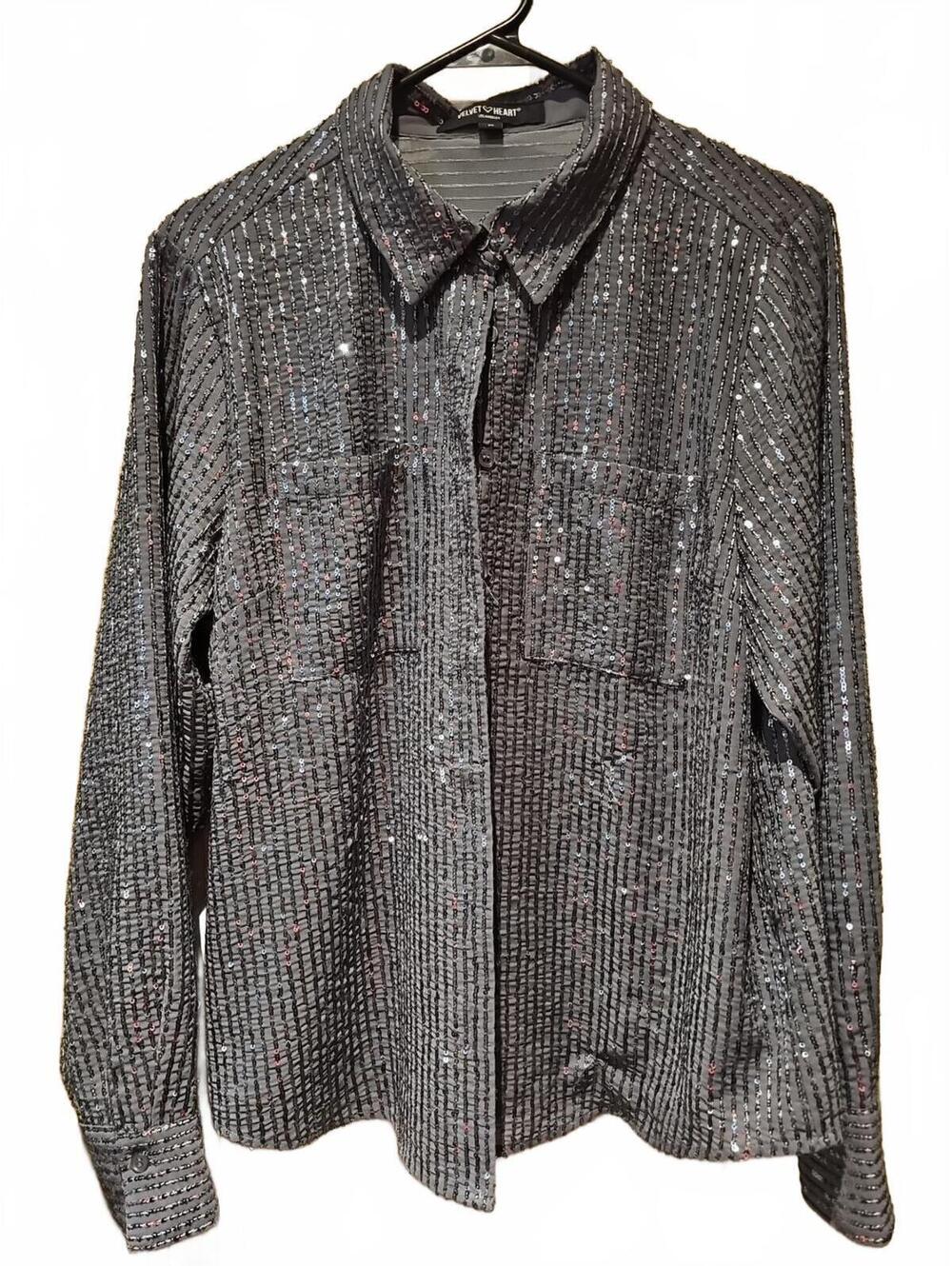 Velvet Heart Long Sleeve Sequin Button Blouse in Gray  Size Medium